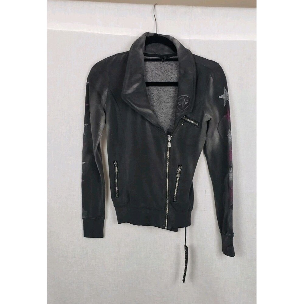 Affliction Motors Black Premium Sweater Knit Moto Jacket‎ XS Wash Out Gray Eagle - Picture 2 of 8
